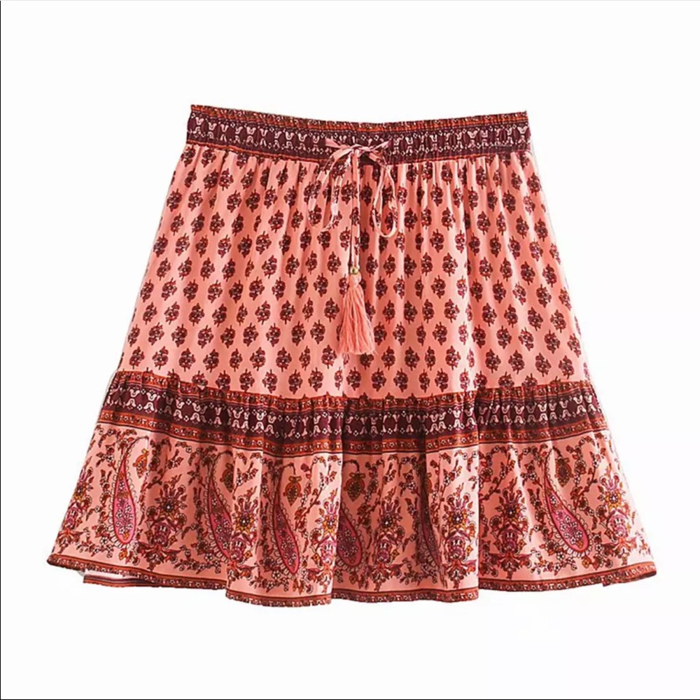 Paisley Boho Floral Gypsy Print Skirt Tassel Pink - Picture 4 of 12